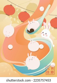 Rabbit beside the blue bowl. Soup  and sweet dumpling spilled from bowl. Chinese translation: Spring Lantern Festival.