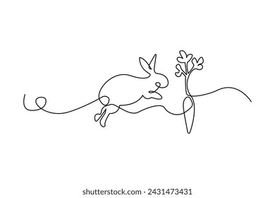 Rabbit beside carrot. One line art. Minimalist design. Vector illustration. EPS 10.