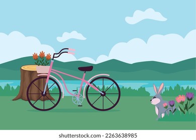 rabbit and bicycle in landscape scene