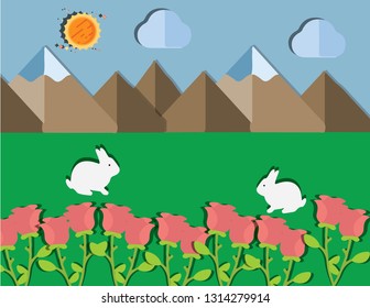rabbit big sun nature collection on blue sky background