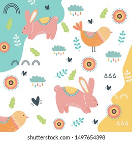 Rabbit and bird cartoon design vector illustration