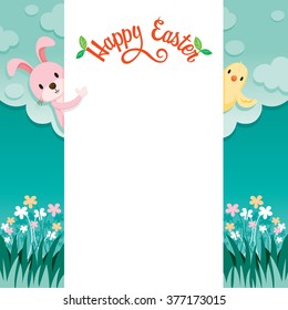 Rabbit, Bird And Nature Background Frame With Happy Easter Lettering, Spring Season, Animal, Decorating, Objects, Festive, Celebrations