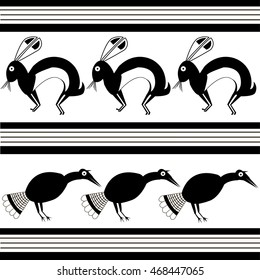 Rabbit and bird - stylized graphics. Ethnic pattern of American Indians: Aztecs, Mayans, Incas. drawing in the Mexican style. Vector illustration.
