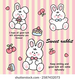 Rabbit and birthday cake, pink and yellow plaid background, cartoon vector