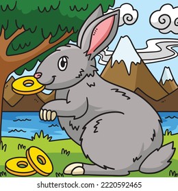 Rabbit Biting Coin Colored Cartoon Illustration