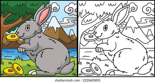 Rabbit Biting Coin Coloring Page Illustration