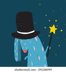 Rabbit in Black Hat Doing Tricks with Magic Wand. Colorful dark magical illustration for kids greeting card or holiday invitation.