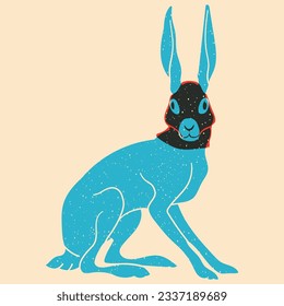 Rabbit in black mask. Vector illustration in a minimalist style with Riso print effect. Graphic element for design, print, sticker, party decoration, logo, emblem, magazine prints or journal article, 