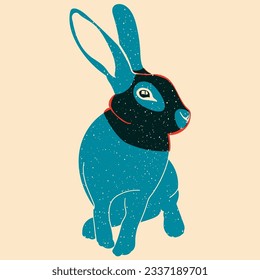 Rabbit in black mask. Vector illustration in a minimalist style with Riso print effect. Graphic element for design, print, sticker, party decoration, logo, emblem, magazine prints or journal article, 