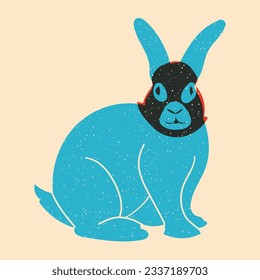 Rabbit in black mask. Vector illustration in a minimalist style with Riso print effect. Graphic element for design, print, sticker, party decoration, logo, emblem, magazine prints or journal article, 