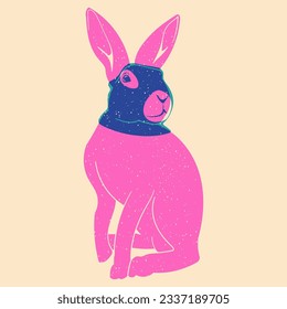 Kaninchen in schwarzer Maske. Vektorgrafik im minimalistischen Stil mit Riso-Druckeffekt. Grafikelement für Design, Druck, Aufkleber, Partydekoration, Logo, Emblem, Zeitschriftendrucke oder Zeitschriftenartikel, 