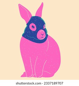 Rabbit in black mask. Vector illustration in a minimalist style with Riso print effect. Graphic element for design, print, sticker, party decoration, logo, emblem, magazine prints or journal article, 