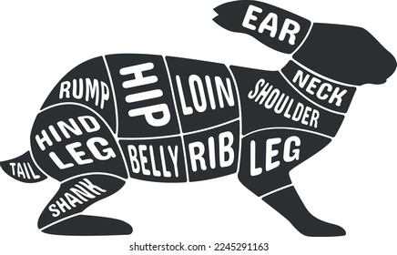 Rabbit black scheme. Butcher cut meat diagram isolated on white background