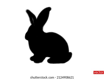 Rabbit black silhouette isolated on white background. Fluffy rabbit. Symbol of the year 2023. Design element of New Year greetings for the year 2023. Drawing of a bunny with black fur texture. Vector