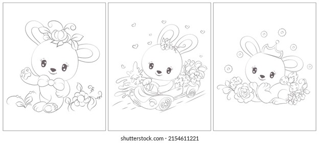 Rabbit black and white. Set of 3 pages for a coloring book. Cute animal vector illustration in black and white. Outlines of animals for coloring pages for girls and boys.
