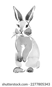 Rabbit black and white watercolor  illustration. Cute bunny ink drawing isolated on white background. Vector illustration. Spring easter postcard, invitation card.