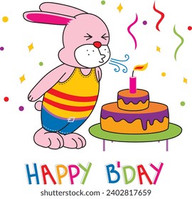 rabbit blowing a happy birthday cake