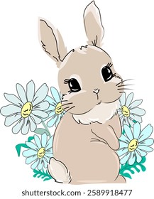 rabbit in blue flowers no background