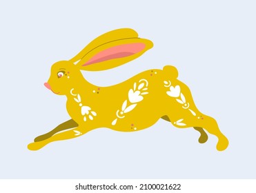 Rabbit in boho style. Hare in motion with decorations and patterns of leaves.