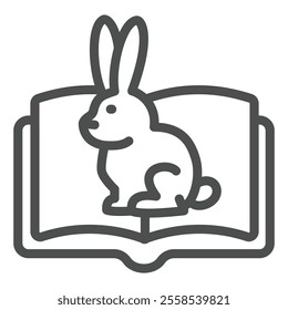 Rabbit at book line icon, love animals tale concept. Vector graphics. Opened book and sitting bunny sign on white background, outline style icon for mobile or web design
