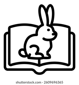 Rabbit at book line icon, love animals tale concept. Vector graphics. Opened book and sitting bunny sign on white background, style mobile or design
