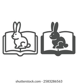 Rabbit at book line and solid icon, love animals tale concept. Vector graphics. Opened book and sitting bunny sign on white background, outline style icon for mobile or web design