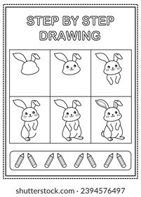 Rabbit. Book page, drawing step by step. Black and white vector coloring page. sstkEaster