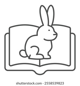 Rabbit at book thin line icon, love animals tale concept. Vector graphics. Opened book and sitting bunny sign on white background, outline style icon for mobile or web design