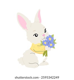 Сute rabbit with a bouquet of blue flowers. Easter bunny.   Adorable kids character for cards, posters, tags, prints, baby shower.