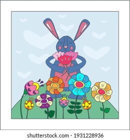 rabbit with a bouquet of flowers on the field
