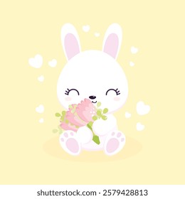 Rabbit with a bouquet. Happy Bunny with flowers. Greeting card for Easter, birthday, mother's day, baby shower.