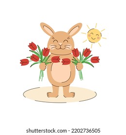 Rabbit with a bouquet of tulips. Spring character with flowers and sun. Cute beige bunny. 8 March, Woman's Day greeting card. Seasonal vector illustration in flat style