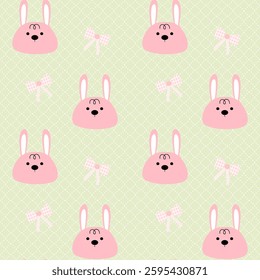 Rabbit , Bow on green background , Fabric pattern , Wrapping paper pattern , Seamless pattern