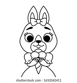 Rabbit with a bow on her head in a dress with ice cream. Outline print for coloring book and page. Cartoon animal character vector illustration isolated on white background.