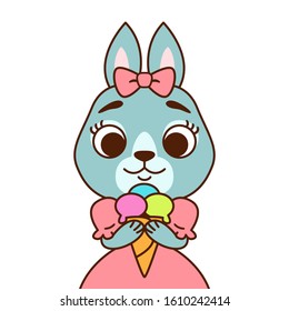 Rabbit with a bow on her head in a pink dress with ice cream. Print for greeting card, nursery decoration. Cartoon animal character vector illustration isolated on white background.