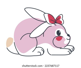 Rabbit with bow ribbon on head, isolated cute personage playful animal. Wild hare with long ears and cheerful muzzle with blush, fluffy bunny playing, emotion character. Vector in flat style