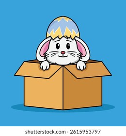 A rabbit is in box with an sharded egg covered its head