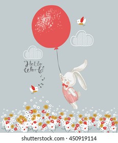 rabbit boy with balloon/hand drawn vector illustration/can be used for kid's or baby's shirt design/ fashion print design/ fashion graphic/ t-shirt/ kids wear