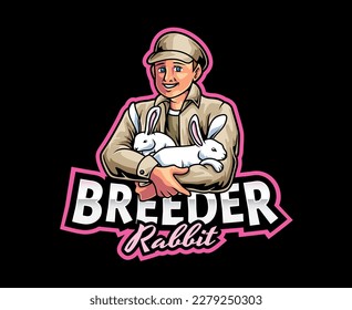 Rabbit Breeder Mascot Logo Design. Vector illustration of a Farmer hugging a rabbit with his arm, perfect for rabbit farming