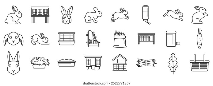 Conjunto de ícones de reprodução de coelhos. Reprodução doméstica de coelhos e manutenção linha ícones conjunto com diferentes raças de coelho, gaiolas e acessórios