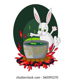 Rabbit brews a potion in the magic cauldron