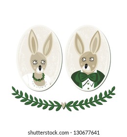 rabbit bride and groom separated portraits of wedding couple on delicate grunge oval backgrounds isolated on white