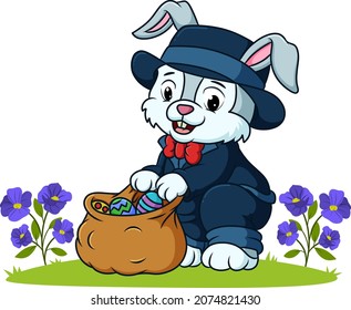 The rabbit is bringing a sack of easter eggs of illustration