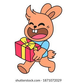 the rabbit brings a birthday present doodle kawaii. doodle icon image. cartoon caharacter cute doodle draw