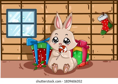 The rabbit brings sweets and lots of presents in his house in the Christmas season