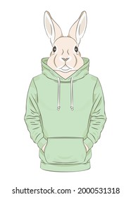 Rabbit in a brown sweatshirt or hoodie. Vector print illustration for sweatshirts, sweatshirts, t-shirts, posters, cards, pet supplies