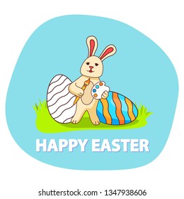 The rabbit with a brush and paints draws festive egg. Happy Easter banner. The poster is festive spring. Egg with an ornament lies on a grass. Flat vector an illustration.
