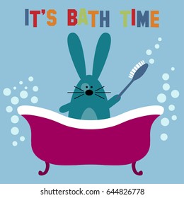 Rabbit with brush staying in a bath with text It's bath time