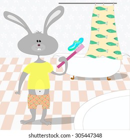 Rabbit brushes teeth in the bathroom