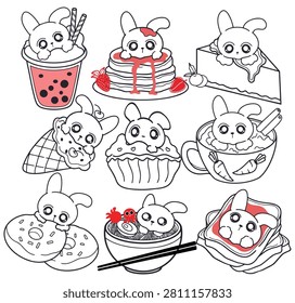 rabbit and bubble tea, pancake, cake, ice cream,, muffin, coffee, donut, noodles and toast 